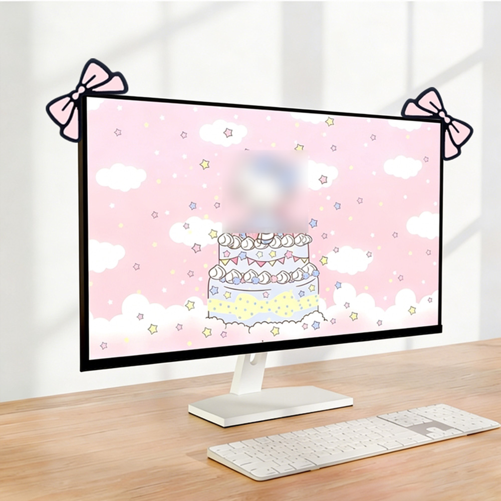 Desk Setup For Laptop And Monitor - 귀여운 핑크 리본 모니터 장식 카와이